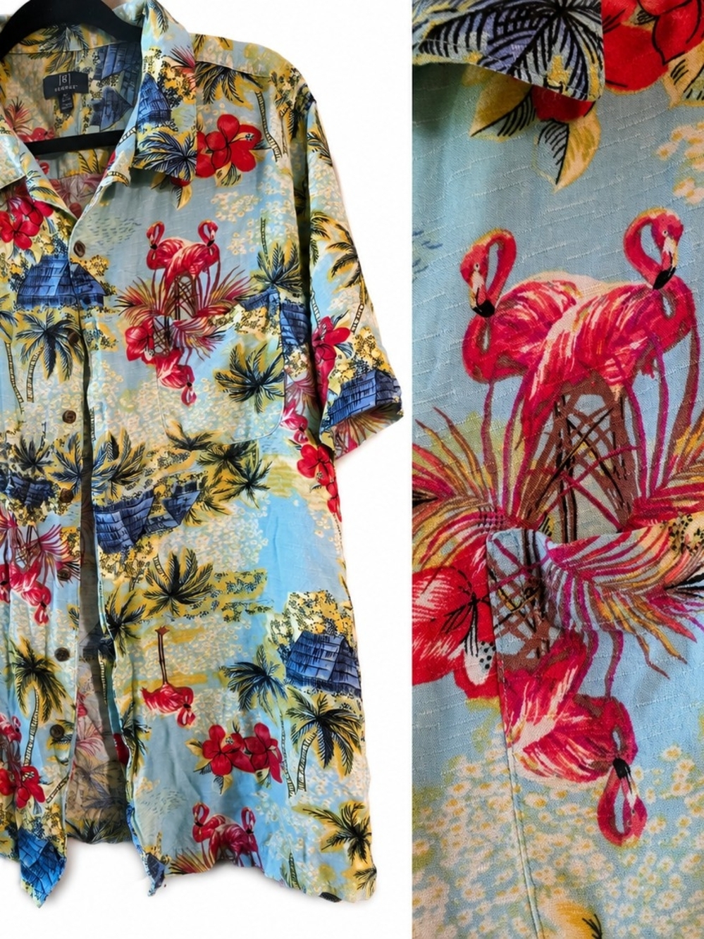 Light Blue Flamingo Print Hawaiian Shirt - Unbranded